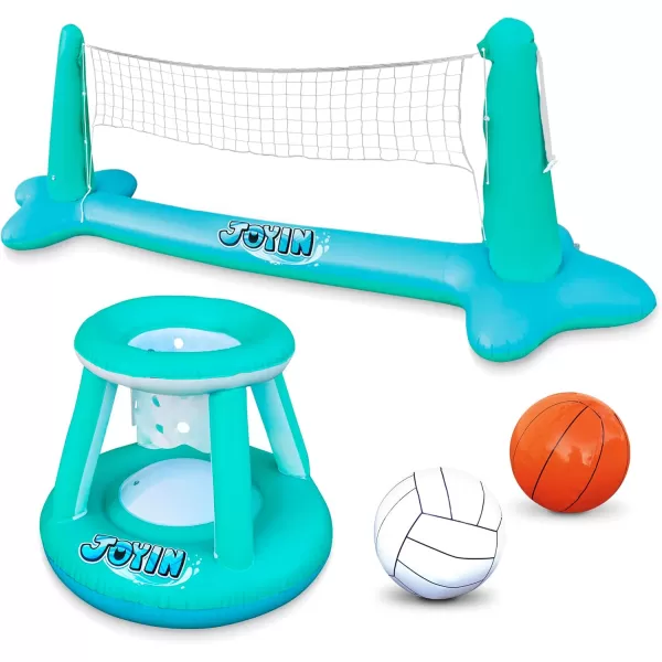JOYIN Inflatable Pool Float Set Volleyball Net ampamp Basketball Hoops Floating Swimming Game Toy for Kids and Adults Summer Floaties Volleyball Court 105x28x35Basketball 27x23x27LBlueBlue
