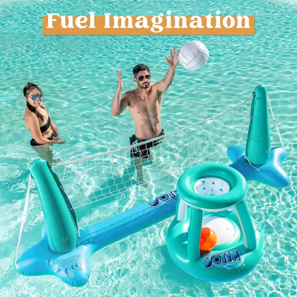 JOYIN Inflatable Pool Float Set Volleyball Net ampamp Basketball Hoops Floating Swimming Game Toy for Kids and Adults Summer Floaties Volleyball Court 105x28x35Basketball 27x23x27LBlueBlue