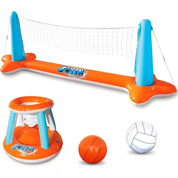 JOYIN Inflatable Pool Float Set Volleyball Net ampamp Basketball Hoops Floating Swimming Game Toy for Kids and Adults Summer Floaties Volleyball Court 105x28x35Basketball 27x23x27LBlueOrange