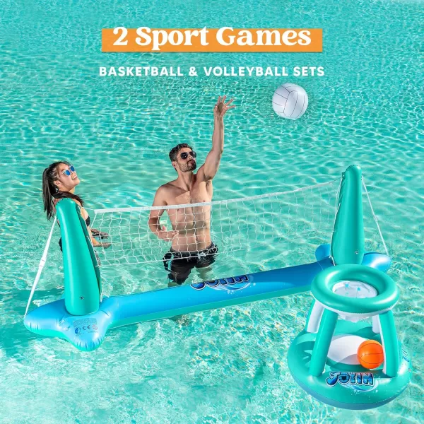 JOYIN Inflatable Pool Float Set Volleyball Net ampamp Basketball Hoops Floating Swimming Game Toy for Kids and Adults Summer Floaties Volleyball Court 105x28x35Basketball 27x23x27LBlueBlue