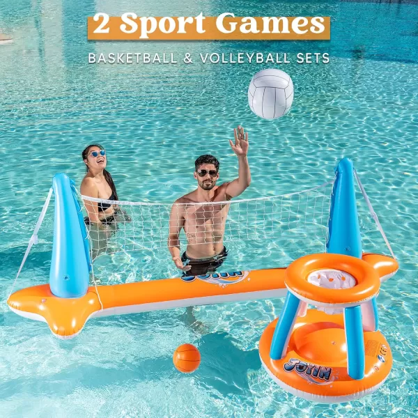 JOYIN Inflatable Pool Float Set Volleyball Net ampamp Basketball Hoops Floating Swimming Game Toy for Kids and Adults Summer Floaties Volleyball Court 105x28x35Basketball 27x23x27LBlueOrange
