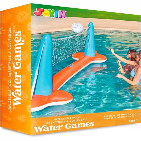 JOYIN Inflatable Pool Float Set Volleyball Net ampamp Basketball Hoops Floating Swimming Game Toy for Kids and Adults Summer Floaties Volleyball Court 105x28x35Basketball 27x23x27LBlueOrange