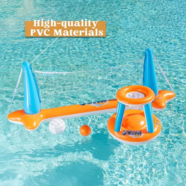 JOYIN Inflatable Pool Float Set Volleyball Net ampamp Basketball Hoops Floating Swimming Game Toy for Kids and Adults Summer Floaties Volleyball Court 105x28x35Basketball 27x23x27LBlueOrange