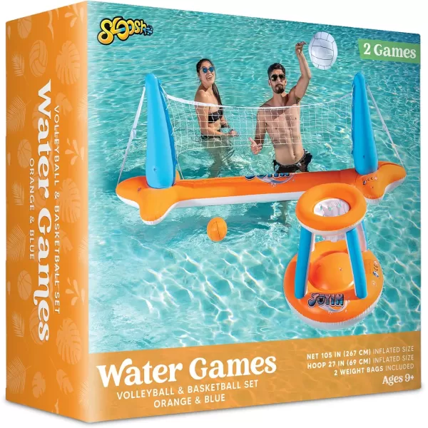 JOYIN Inflatable Pool Float Set Volleyball Net ampamp Basketball Hoops Floating Swimming Game Toy for Kids and Adults Summer Floaties Volleyball Court 105x28x35Basketball 27x23x27LBlueOrange