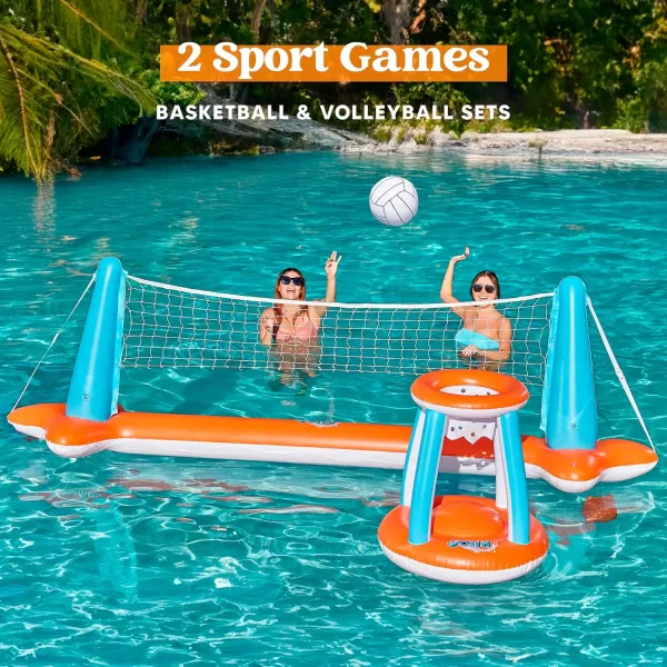 JOYIN Inflatable Pool Float Set Volleyball Net ampamp Basketball Hoops Floating Swimming Game Toy for Kids and Adults Summer Floaties Volleyball Court 105x28x35Basketball 27x23x27LBlueOrange