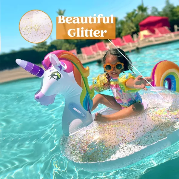 JOYIN Unicorn Pool Float Kids  Inflatable Rainbow Unicorn Floaty with Glitters Fun Pool Floats Ride On Unicorn Beach Lake Floaties Raft Lounge Party in Summer Decorations Pool Toys for Kids