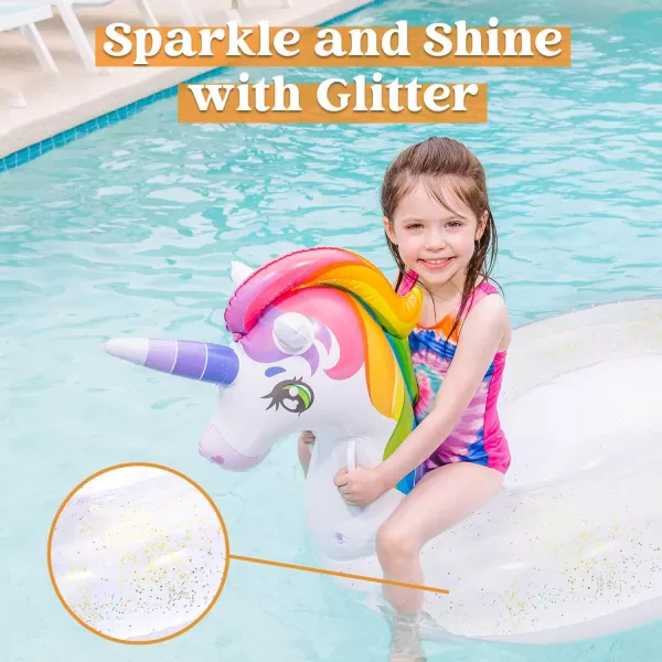 JOYIN Unicorn Pool Float Kids  Inflatable Rainbow Unicorn Floaty with Glitters Fun Pool Floats Ride On Unicorn Beach Lake Floaties Raft Lounge Party in Summer Decorations Pool Toys for Kids
