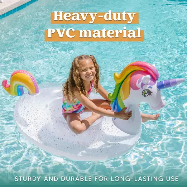 JOYIN Unicorn Pool Float Kids  Inflatable Rainbow Unicorn Floaty with Glitters Fun Pool Floats Ride On Unicorn Beach Lake Floaties Raft Lounge Party in Summer Decorations Pool Toys for Kids