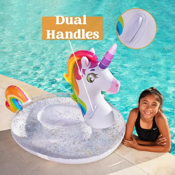 JOYIN Unicorn Pool Float Kids  Inflatable Rainbow Unicorn Floaty with Glitters Fun Pool Floats Ride On Unicorn Beach Lake Floaties Raft Lounge Party in Summer Decorations Pool Toys for Kids
