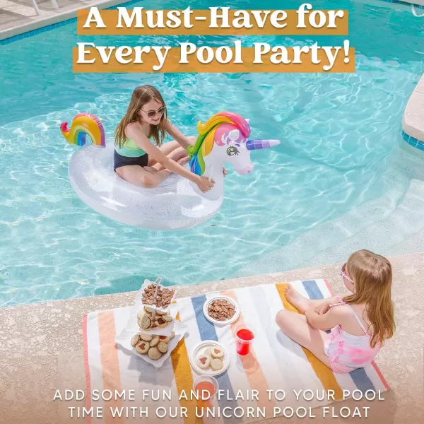 JOYIN Unicorn Pool Float Kids  Inflatable Rainbow Unicorn Floaty with Glitters Fun Pool Floats Ride On Unicorn Beach Lake Floaties Raft Lounge Party in Summer Decorations Pool Toys for Kids