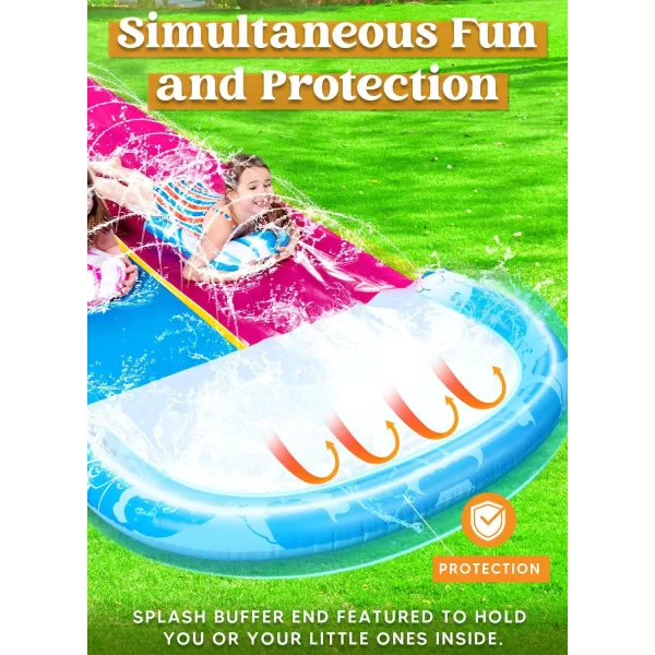 Sloosh 225ft Double Water Slide Heavy Duty Lawn Water Slide with Sprinkler and 2 Slip Inflatable Boards for Party in Summer Yard Lawn Outdoor Water Play ActivitiesBlue Pink