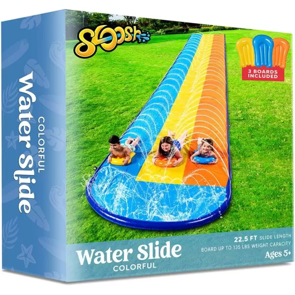 Sloosh 225ft Triple Water Slide and 3 Body Boards Backyard Lawn Water Slides with Outdoor Slip Sprinkler for Kids Adults Summer Water Fun Toy225FT Triple Lanes