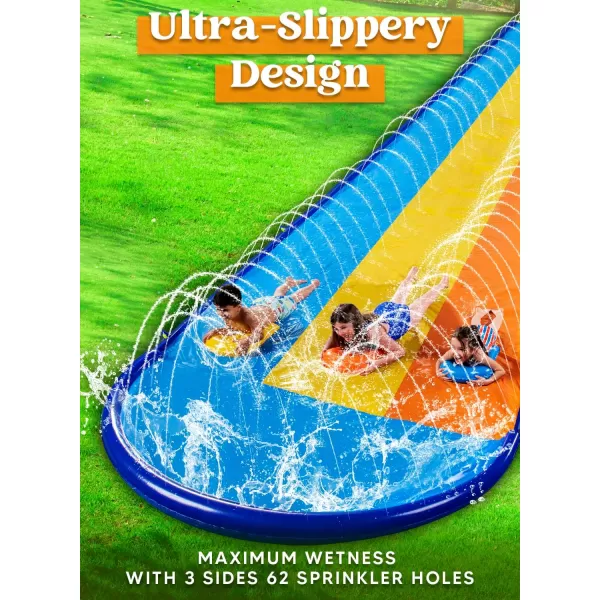 Sloosh 225ft Triple Water Slide and 3 Body Boards Backyard Lawn Water Slides with Outdoor Slip Sprinkler for Kids Adults Summer Water Fun Toy225FT Triple Lanes