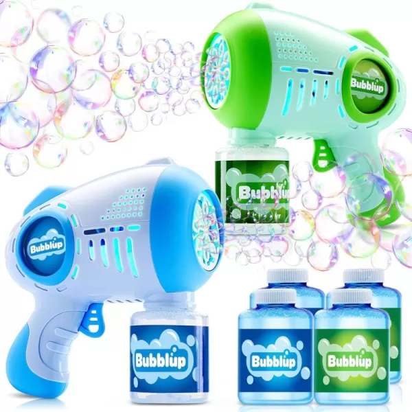 JOYIN 2 Packs Light Up Bubble Guns with 4 Bottles Bubble Refill Solution 10 Holes Automatic Bubble Gun Machine for Kids Adults Summer Toys Party Favors Easter Basket Stuffers Birthday GiftGreen  Blue
