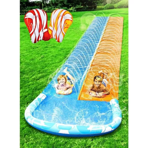 JOYIN 225ft Water Slides and 2 Bodyboards Lawn Water Slide Summer Slip Waterslides Water Toy with Build in Sprinkler for Backyard Outdoor Water Fun for Kids225FT Double Lane