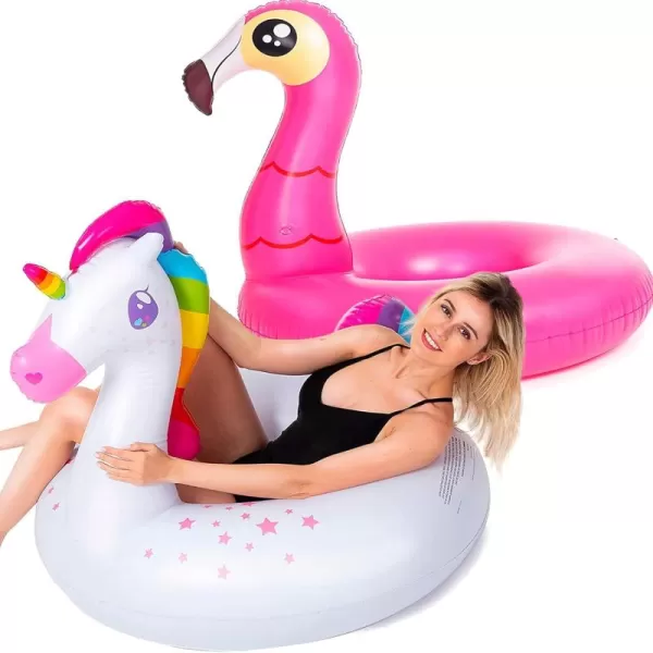 JOYIN 2Pack Flamingo Unicorn Pool Float  Fun Beach Floaties Inflatable Swimming Pool Tubes Party Toys Lake Beach Floaty Swim Rings Summer Pool Raft Lounger for Adults ampamp Kids