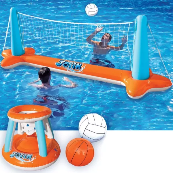 JOYIN Inflatable Pool Float Set Volleyball Net ampamp Basketball Hoops Floating Swimming Game Toy for Kids and Adults Summer Floaties Volleyball Court 105x28x35Basketball 27x23x27LBlueOrange