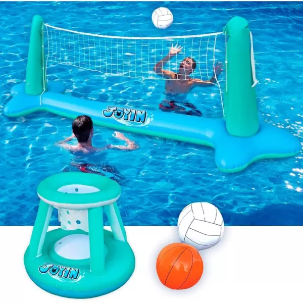 JOYIN Inflatable Pool Float Set Volleyball Net ampamp Basketball Hoops Floating Swimming Game Toy for Kids and Adults Summer Floaties Volleyball Court 105x28x35Basketball 27x23x27LBlueBlue