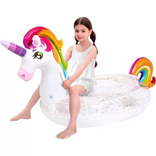 JOYIN Unicorn Pool Float Kids  Inflatable Rainbow Unicorn Floaty with Glitters Fun Pool Floats Ride On Unicorn Beach Lake Floaties Raft Lounge Party in Summer Decorations Pool Toys for Kids