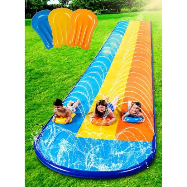Sloosh 225ft Triple Water Slide and 3 Body Boards Backyard Lawn Water Slides with Outdoor Slip Sprinkler for Kids Adults Summer Water Fun Toy18FT Triple Lanes