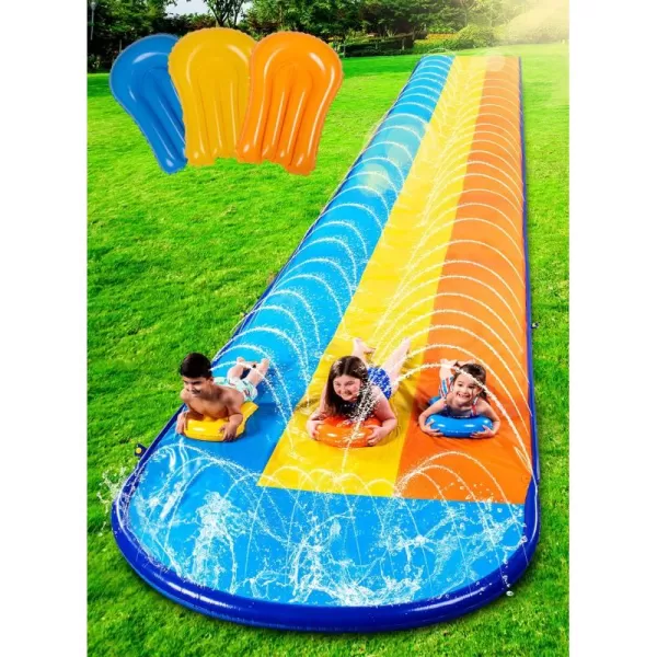 Sloosh 225ft Triple Water Slide and 3 Body Boards Backyard Lawn Water Slides with Outdoor Slip Sprinkler for Kids Adults Summer Water Fun Toy225FT Triple Lanes