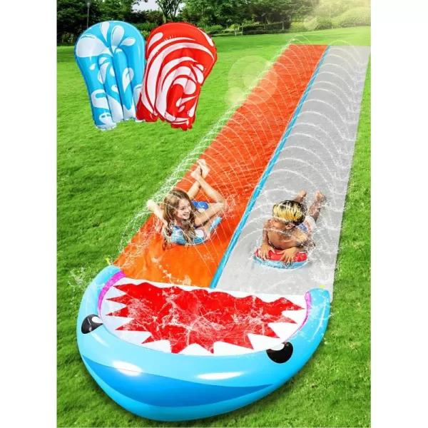 Sloosh 225ft Water Slides with 2 Inflatable Boards Backyard Outdoor Lawn Slip Waterslide 2 Sliding Racing Lanes with Sprinklers Summer Toy SharkShark