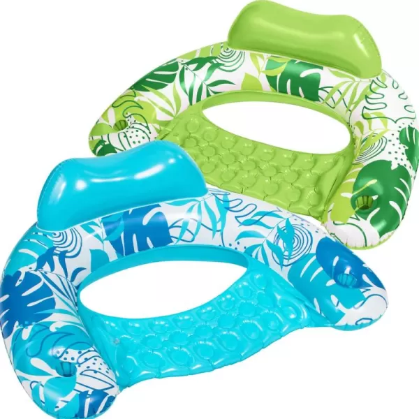 Sloosh Inflatable Pool Floats Adult 2 Pack Pool Chairs with Cup HoldersBlow up Floating Pool Floats ChairPool Floaties for Adults Swimming Pool Party Summer Water FunTropical Leaves