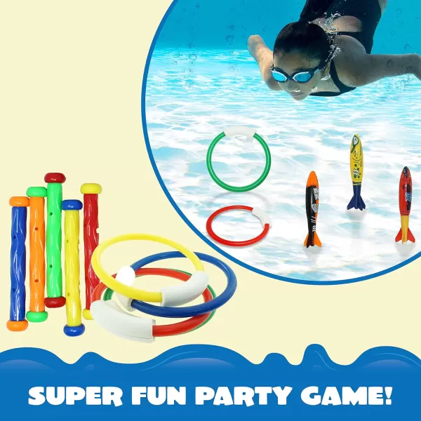 JOYIN 18Pcs Diving Pool Toys for Kids Swimming Pool Toy with Storage Bag Includes 4 Pool Rings 4 Diving Sticks 4 Bandits 6 Treasures Underwater Swim Pool Games for Ages 812