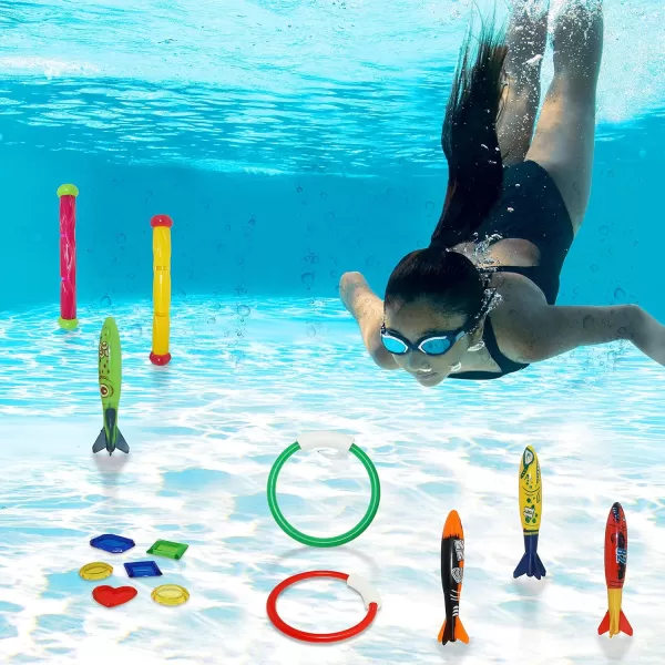 JOYIN 18Pcs Diving Pool Toys for Kids Swimming Pool Toy with Storage Bag Includes 4 Pool Rings 4 Diving Sticks 4 Bandits 6 Treasures Underwater Swim Pool Games for Ages 812