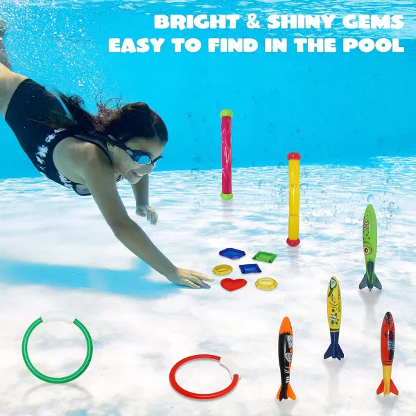JOYIN 18Pcs Diving Pool Toys for Kids Swimming Pool Toy with Storage Bag Includes 4 Pool Rings 4 Diving Sticks 4 Bandits 6 Treasures Underwater Swim Pool Games for Ages 812