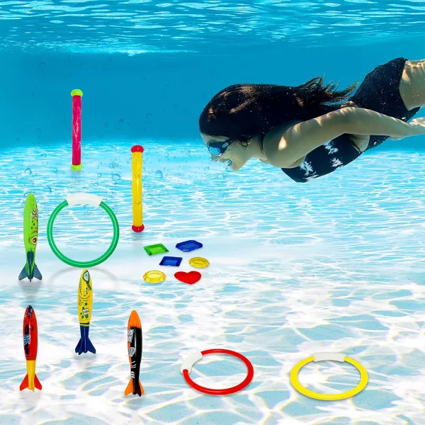 JOYIN 18Pcs Diving Pool Toys for Kids Swimming Pool Toy with Storage Bag Includes 4 Pool Rings 4 Diving Sticks 4 Bandits 6 Treasures Underwater Swim Pool Games for Ages 812