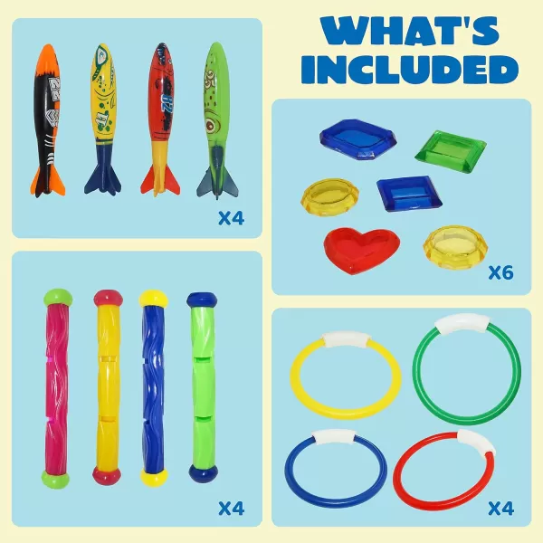JOYIN 18Pcs Diving Pool Toys for Kids Swimming Pool Toy with Storage Bag Includes 4 Pool Rings 4 Diving Sticks 4 Bandits 6 Treasures Underwater Swim Pool Games for Ages 812