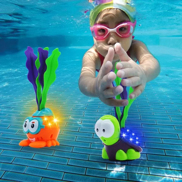 JOYIN Lightup Diving Pool Toys Set 3 Pack Diving Toy Swimming Pool Toys for Kids Animals Turtle Shark Seaweed Dive Toys