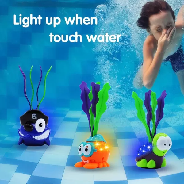 JOYIN Lightup Diving Pool Toys Set 3 Pack Diving Toy Swimming Pool Toys for Kids Animals Turtle Shark Seaweed Dive Toys