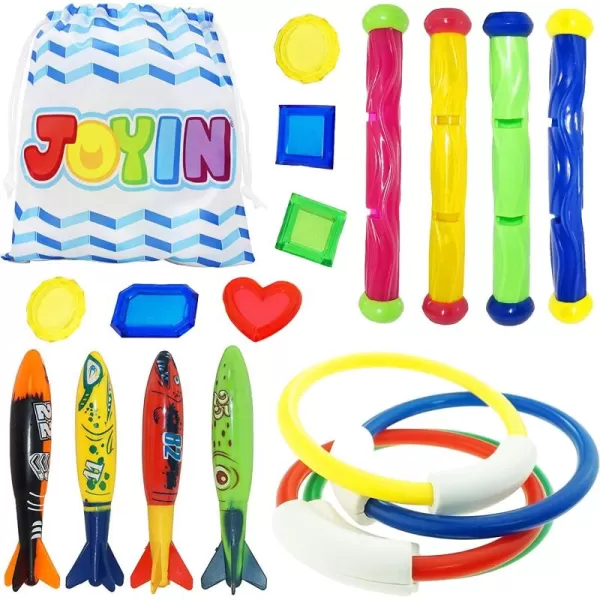 JOYIN 18Pcs Diving Pool Toys for Kids Swimming Pool Toy with Storage Bag Includes 4 Pool Rings 4 Diving Sticks 4 Bandits 6 Treasures Underwater Swim Pool Games for Ages 812