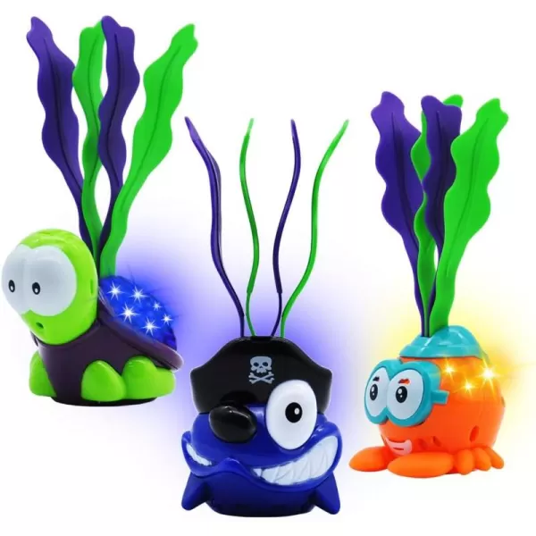 JOYIN Lightup Diving Pool Toys Set 3 Pack Diving Toy Swimming Pool Toys for Kids Animals Turtle Shark Seaweed Dive Toys