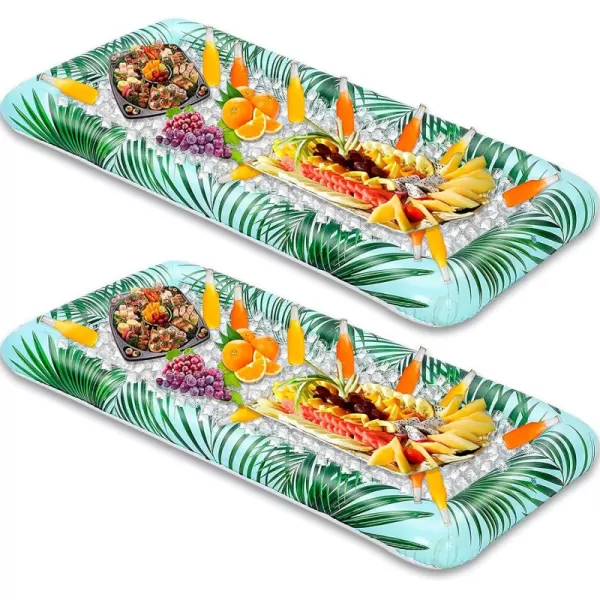 Sloosh 2Pack Inflatable Serving Bars Cooler  Leaf Pattern Inflatable Cooler Ice Buffet Salad Serving Trays with Drain Plug Food Drink Cooler for Indoor Outdoor Summer Picnic Pool Beach Luau Party
