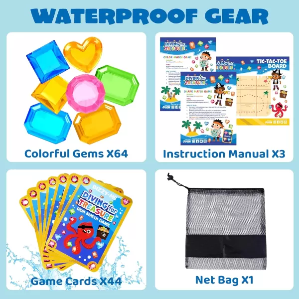 4in1 Diving Pool Toys Underwater Seek and Find Gems Game Set Waterproof Swiming Pool Toys for Kids with Mesh Bag Water Toy Gifts for Summer Swim Dive Search Treasure Match Games