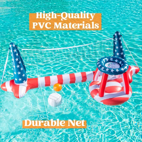 Inflatable Pool Floats Set American Flag Volleyball Net ampamp Basketball Hoops Swimming Pool Game Toy for Kids and Adults Floating Volleyball Court 105x28x35Basketball 27x23x27 Red White