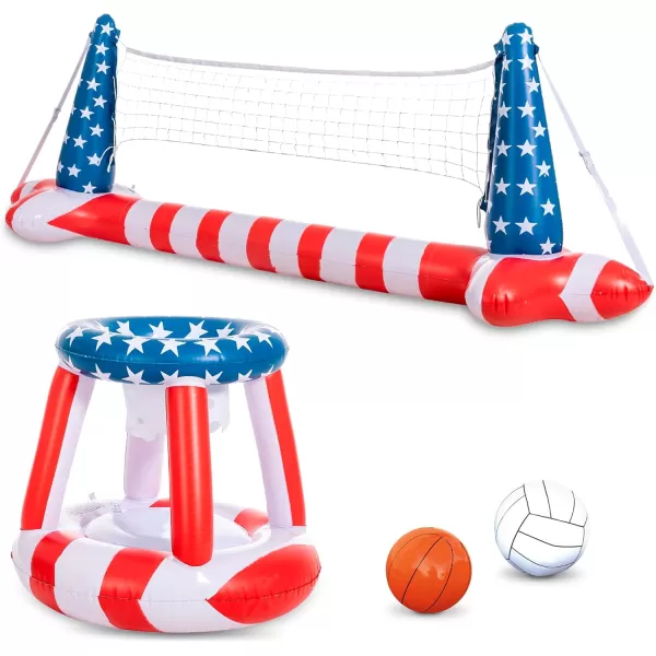Inflatable Pool Floats Set American Flag Volleyball Net ampamp Basketball Hoops Swimming Pool Game Toy for Kids and Adults Floating Volleyball Court 105x28x35Basketball 27x23x27 Red White