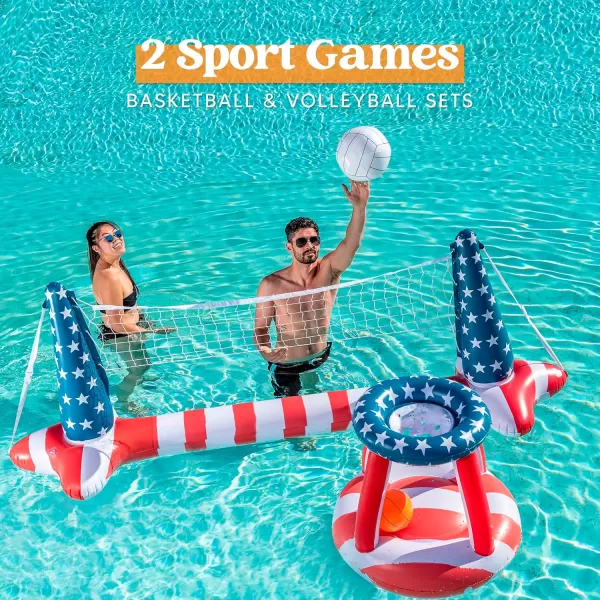 Inflatable Pool Floats Set American Flag Volleyball Net ampamp Basketball Hoops Swimming Pool Game Toy for Kids and Adults Floating Volleyball Court 105x28x35Basketball 27x23x27 Red White