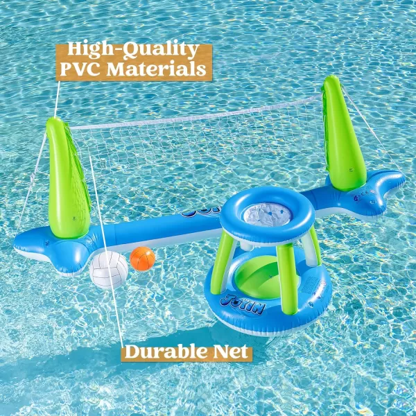 Inflatable Volleyball Net ampamp Basketball Hoops Pool Float Set Balls Included for Kids and Adults Summer Pool Game Floaties Volleyball Court 105x28x35Basketball 27x23x27Green