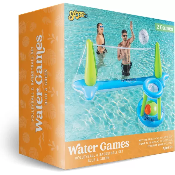 Inflatable Volleyball Net ampamp Basketball Hoops Pool Float Set Balls Included for Kids and Adults Summer Pool Game Floaties Volleyball Court 105x28x35Basketball 27x23x27Green