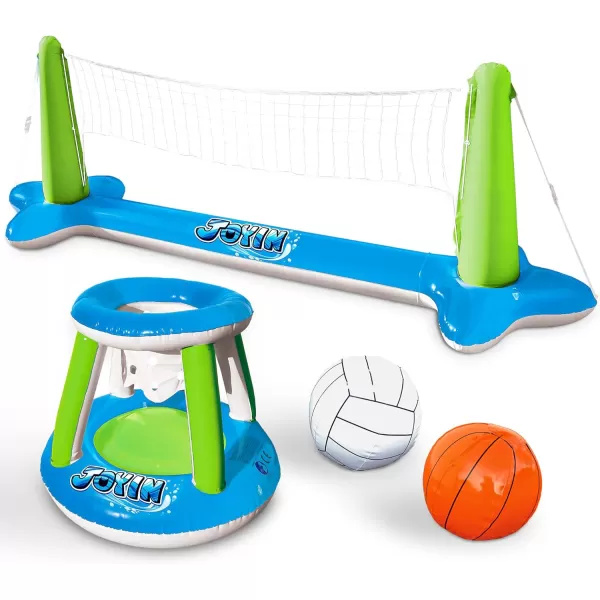 Inflatable Volleyball Net ampamp Basketball Hoops Pool Float Set Balls Included for Kids and Adults Summer Pool Game Floaties Volleyball Court 105x28x35Basketball 27x23x27Green