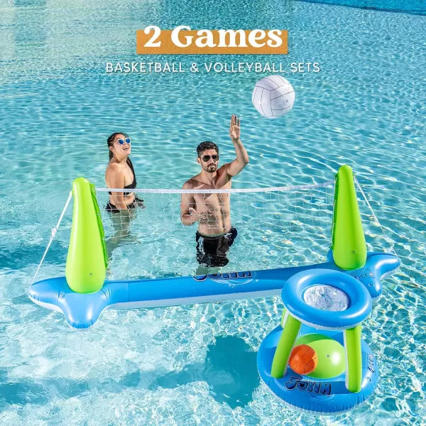 Inflatable Volleyball Net ampamp Basketball Hoops Pool Float Set Balls Included for Kids and Adults Summer Pool Game Floaties Volleyball Court 105x28x35Basketball 27x23x27Green