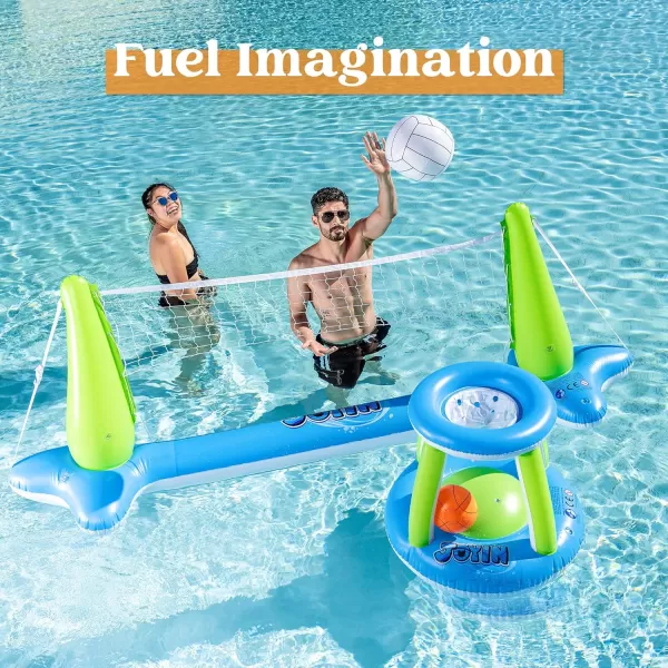 Inflatable Volleyball Net ampamp Basketball Hoops Pool Float Set Balls Included for Kids and Adults Summer Pool Game Floaties Volleyball Court 105x28x35Basketball 27x23x27Green