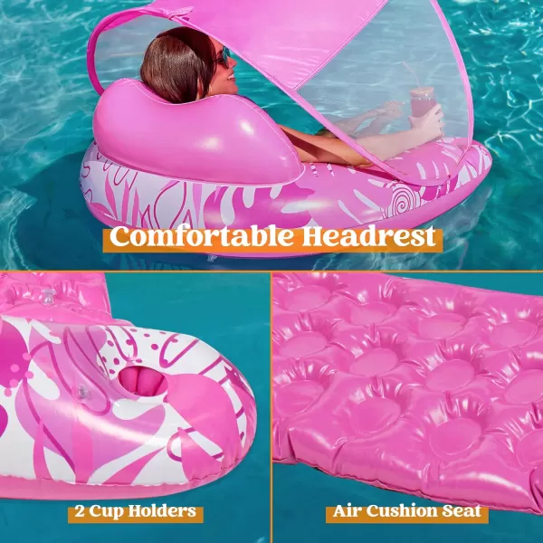 Sloosh Pool Floats with Canopy Adult XL Pool Lounge Chairs with Cup HoldersFloating Pool Chair for AdultsInflatable Pool Floats with Headrest for Pool Party Summer Water FunPink