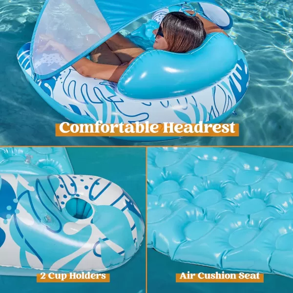 Sloosh Pool Floats with Canopy Adult XL Pool Lounge Chairs with Cup HoldersFloating Pool Chair for AdultsInflatable Pool Floats with Headrest for Pool Party Summer Water FunBlue