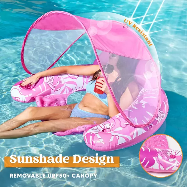 Sloosh Pool Floats with Canopy Adult XL Pool Lounge Chairs with Cup HoldersFloating Pool Chair for AdultsInflatable Pool Floats with Headrest for Pool Party Summer Water FunPink
