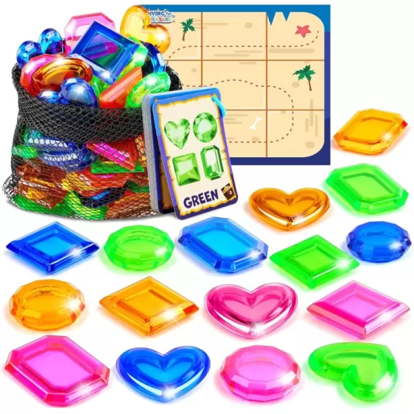 4in1 Diving Pool Toys Underwater Seek and Find Gems Game Set Waterproof Swiming Pool Toys for Kids with Mesh Bag Water Toy Gifts for Summer Swim Dive Search Treasure Match Games